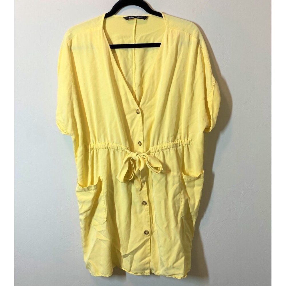 Zara V-neck Button Placket Short Sleeve Tie Waist Casual Summer Dress Large